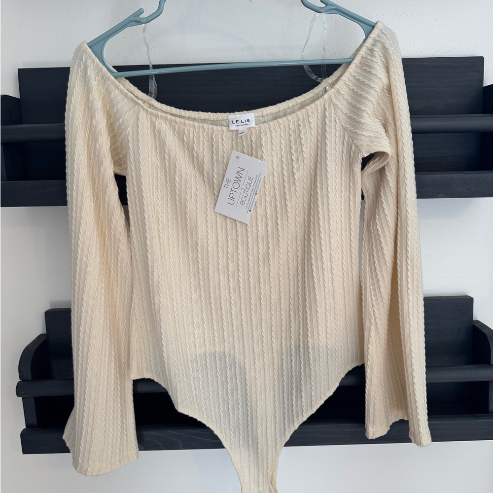 Le Lis Beige Ribbed Off-Shoulder Bodysuit